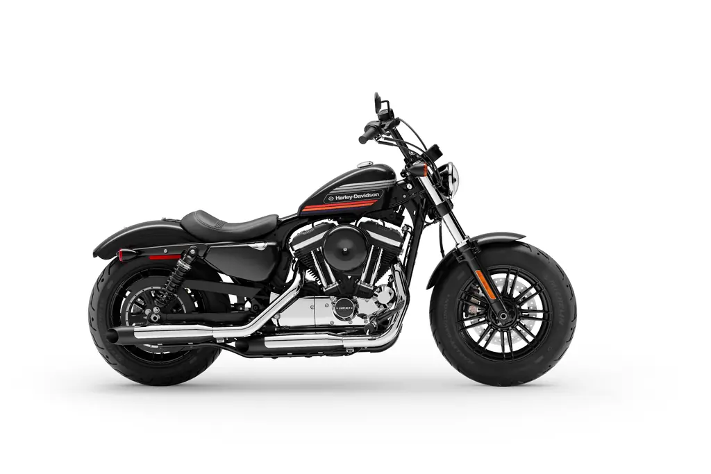 Harley-Davidson Forty-Eight Special XL1200XS de 2019, photo studio côté droit, avec guidon Tallboy et graphismes de réservoir