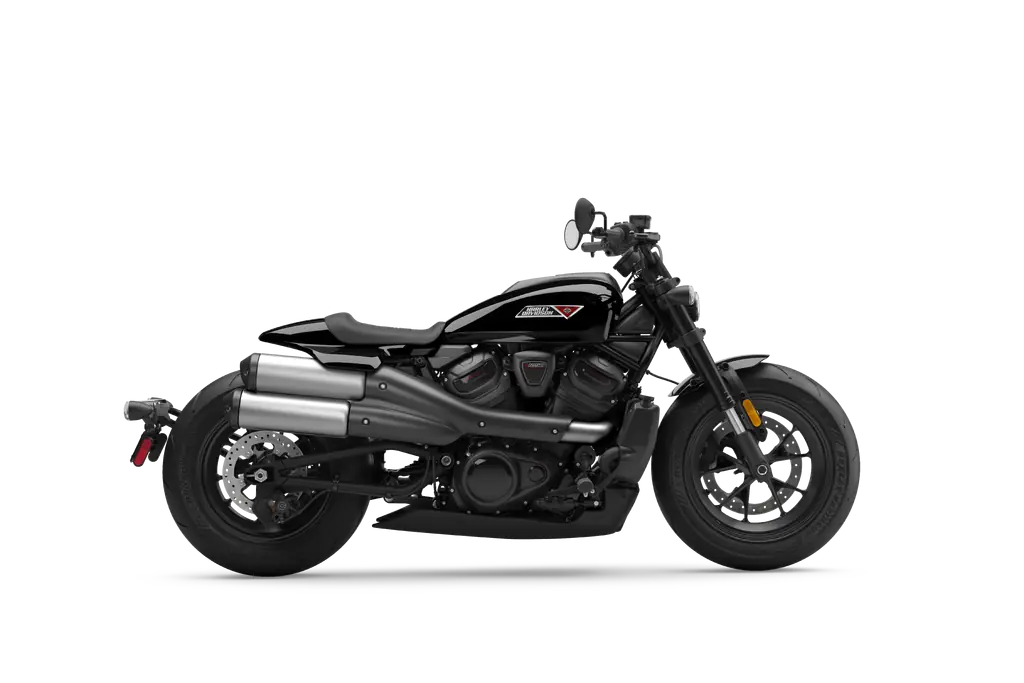Vue de droite d’une Harley-Davidson Sportster S noire de 2025 avec ses échappements hauts.