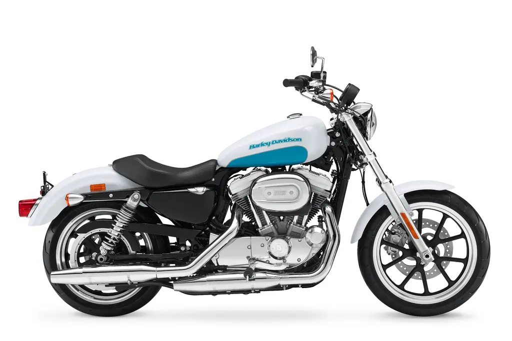 Vue côté droit d’une Harley-Davidson Sportster SuperLow de 2017 blanche et bleue, avec roues moulées.